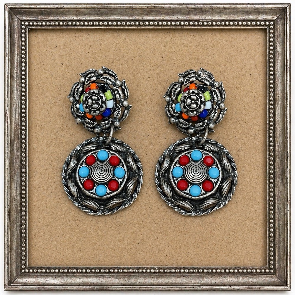 Silver Tone Dangle Earrings Boho Colorful‎ Beaded Vintage Style Round Drop Artsy